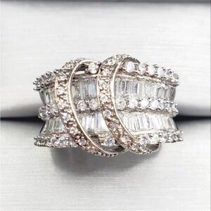 White Round & Baguette Diamond Simulants 925 Sterling Silver Double Swirl Ring